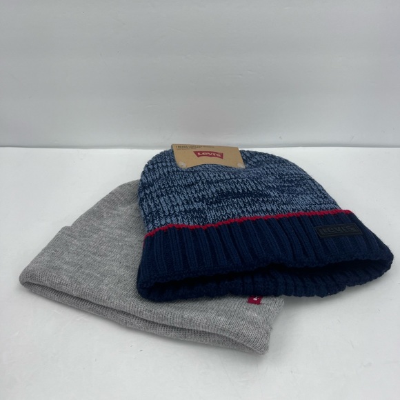 LEVI’S, BEANIE SET,2 WARM BEANIES,NAVY BLUE W/PATTERN & GREY,100%ACRYLIC, UNUSEX - Picture 5 of 16